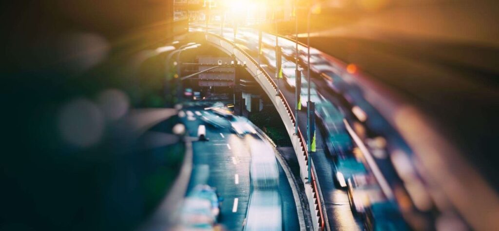 Busy traffic at sunset